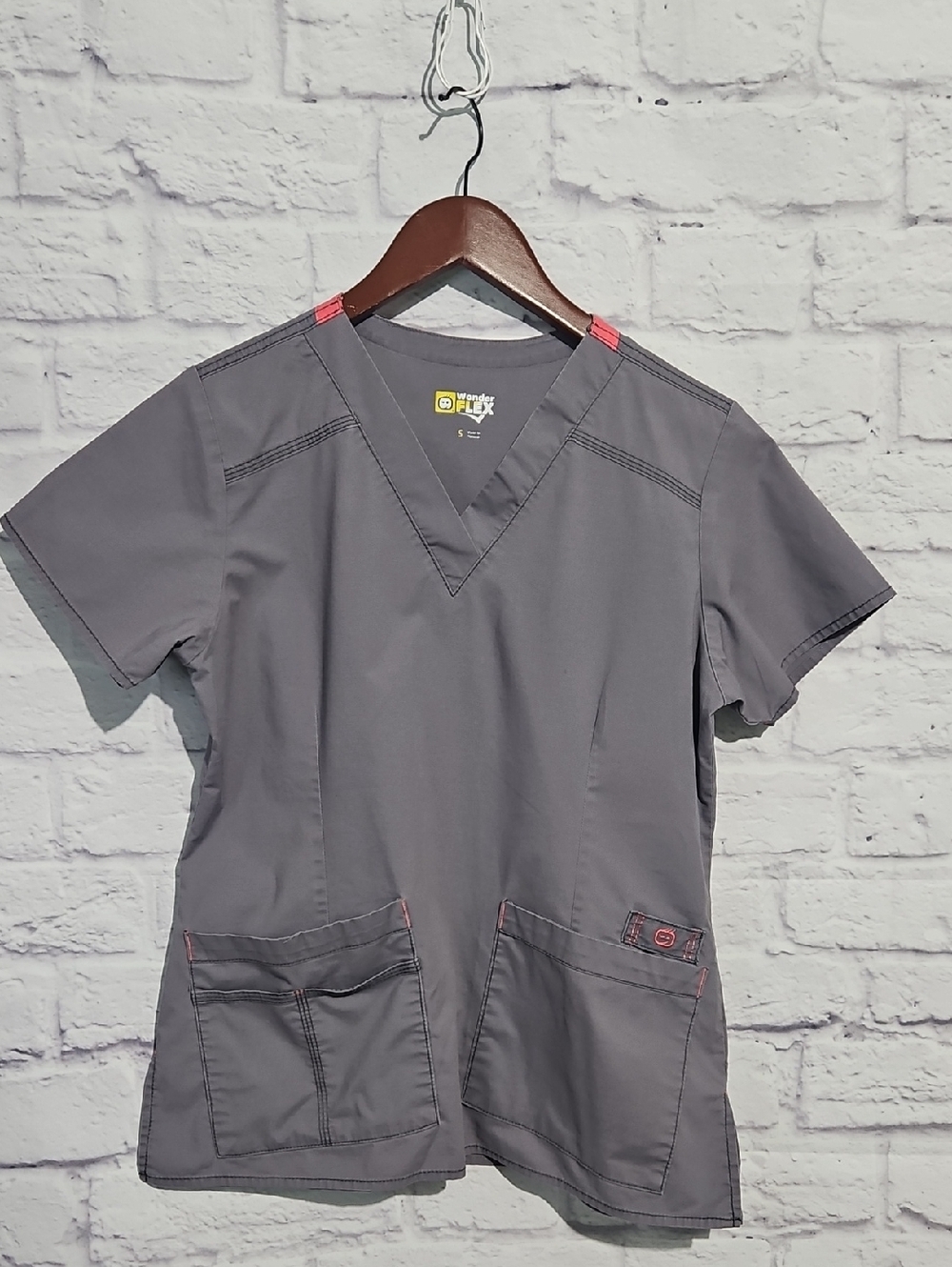 Wonderflex By Wonderwink Women's Gray V-Neck Scrub Top with Pink Accents